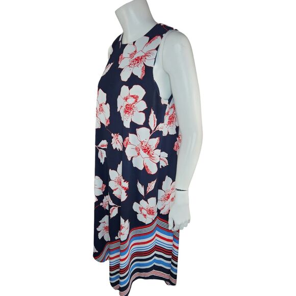 Dressbarn Navy Floral Striped Sleeveless Asymmetrical Hem Dress Womens 10 Midi - Picture 7 of 12